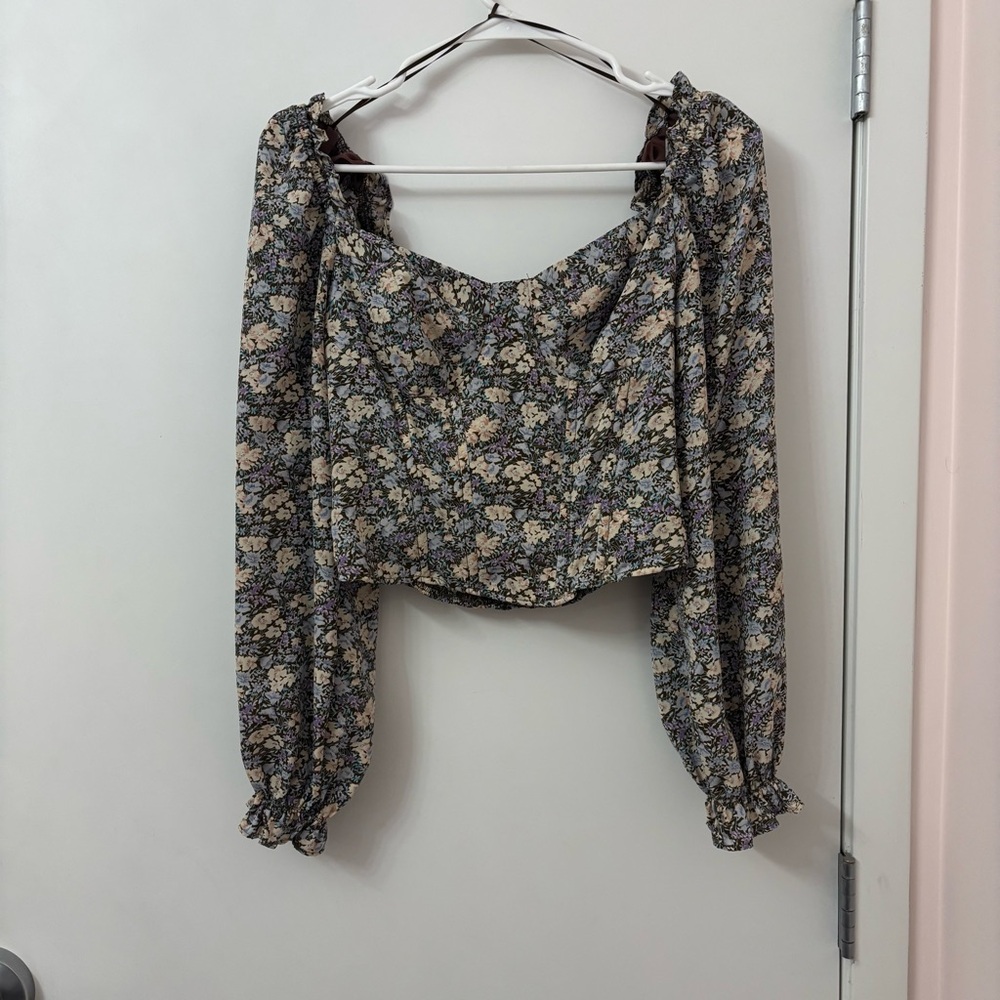 Floral Long-Sleeve Square Neck Corset Top - Black Floral
